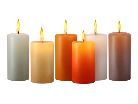Six lit pillar candles in various colors arranged in a row isolated on transparent background