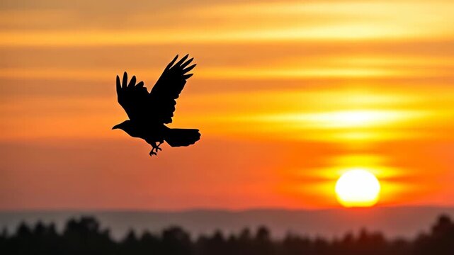 A silhouette of a crow gracefully soaring in the warm golden light of a setting sun. The bird appears to be gliding effortlessly as the sun sets over a distant treeline