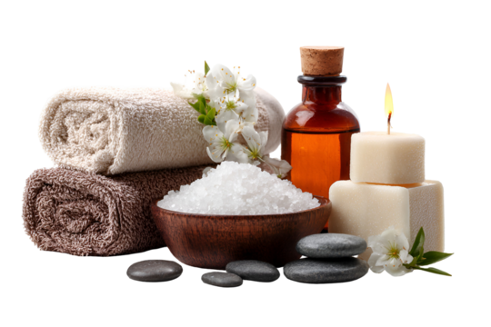 Spa wellness arrangement with essential oil salt towels candle and stones isolated on transparent background