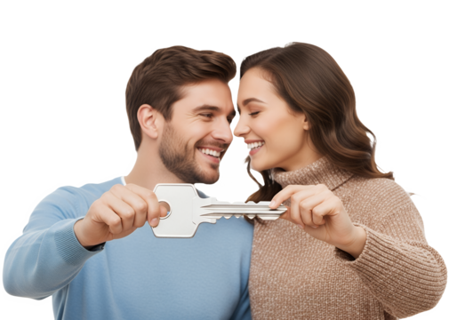 Happy couple holding house key together, smiling joyfully
