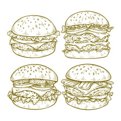 Set of burger hand drawn illustration. Burger vector line art collection