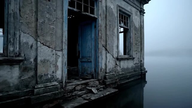 Dilapidated building submerged in water during overcast weather conditions