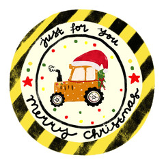 cute rounded christmas xmas yellow striped sticker stamp package gift label tag with tractor under construction vehicle transportation in kids doodle hand drawn watercolor crayon illustration