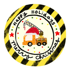 cute rounded christmas xmas yellow striped sticker stamp package gift label tag with crane under construction vehicle transportation in kids doodle hand drawn watercolor crayon illustration