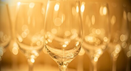 Row of empty wine glasses with golden bokeh background