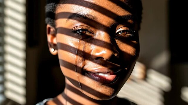 A close-up shot of a dark-skinned person's face, with tears streaming down cheek. Stripes of light and shadow give a dramatic effect