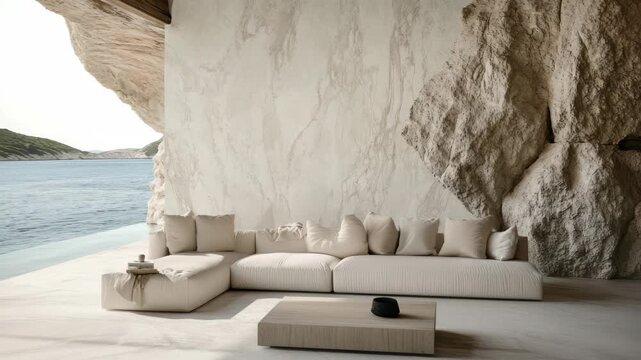 A serene, minimalist living space with a natural rock backdrop and ocean view. Wide-angle shot captures the tranquil setting, ideal for a calming video. Live desktop wallpaper.