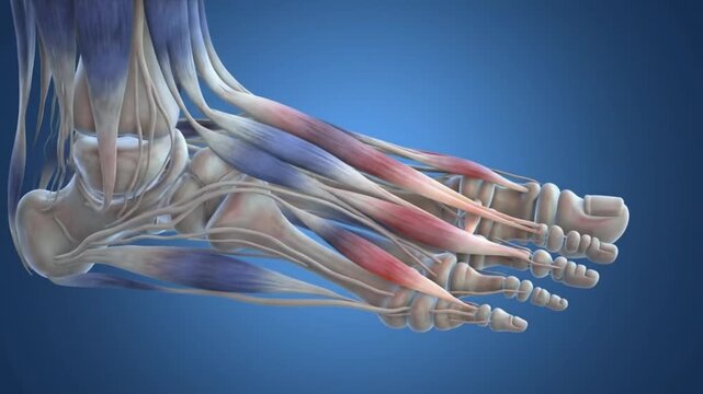 Animated Foot Anatomy Detailed View of Muscles Tendons and Bones on Blue Background