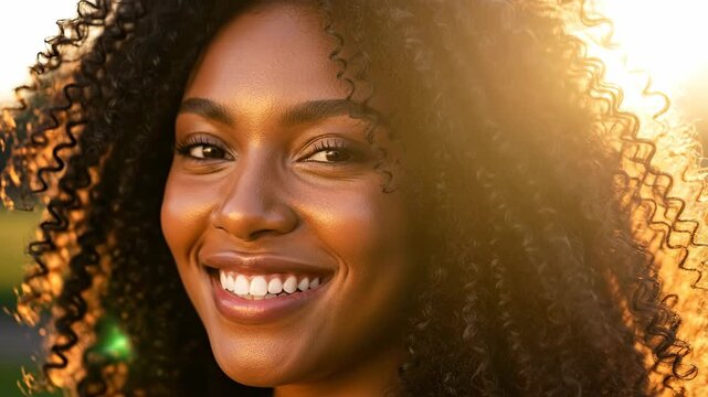 A radiant smile illuminates a woman's face, her dark, curly hair framed by golden light. Her expression reflects joy