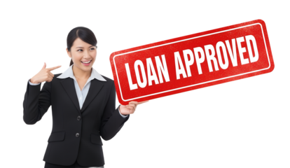 Woman pointing at digital “Loan Approved” stamp