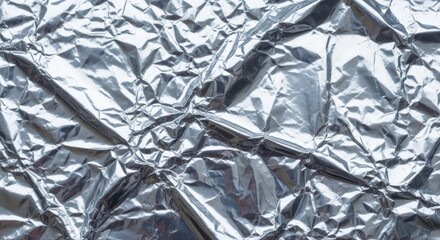 Closeup macro shot of crumpled aluminum foil, showing intricate textures and reflective surfaces