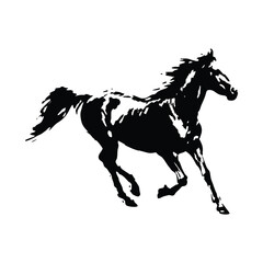 Black and white silhouette illustration of a horse running fast vintage art style vector