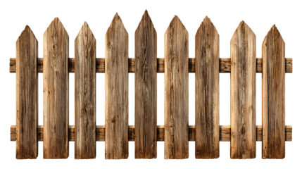 Rustic wooden picket fence section with weathered texture isolated on transparent background