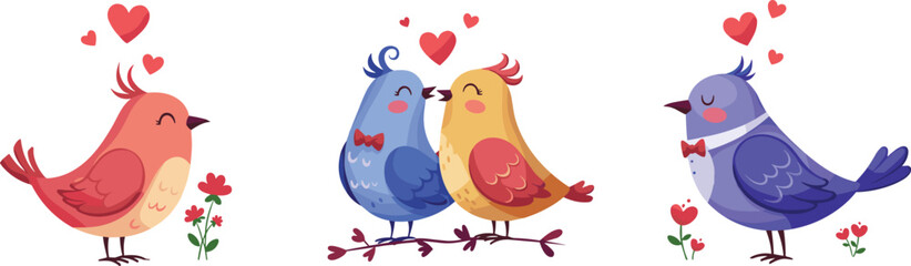 Cute cartoon love birds couple illustration, romantic colorful birds with hearts and flowers, valentine vector art, adorable love scene