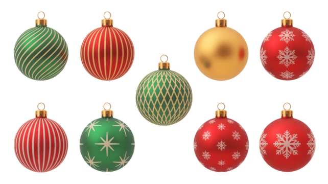 Festive Christmas ornaments in red, green, and gold for holiday cheer