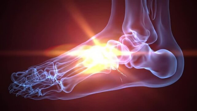 Animated Foot XRay Showing Fracture with Pain Indication on Dark Background