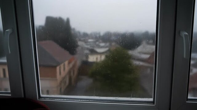 Vista desde una ventana en un d&iacute;a lluvioso, mostrando casas, &aacute;rboles y una calle mojada bajo un cielo nublado.