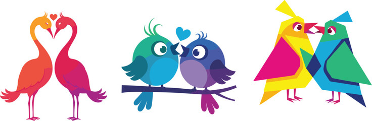 Colorful love birds illustration, romantic cartoon parrots and cranes in bright geometric design, vibrant couple birds vector for Valentine art