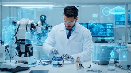 Scientist working with robotic arm in lab - Powered by Adobe