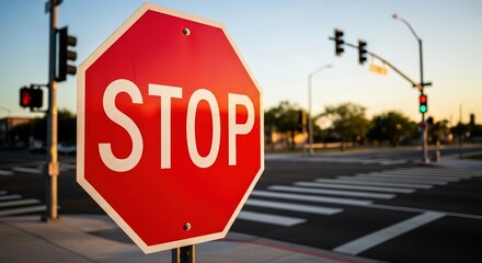 Red octagonal stop sign positioned at a busy intersection, illuminated by the evening sun, signaling drivers to halt and ensuring road safety and compliance with traffic regulations