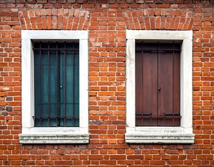 Close-up of a brick wall with two windows, framed in white