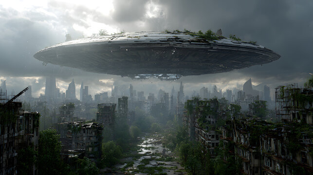 Massive UFO Hovering Over Ruined City