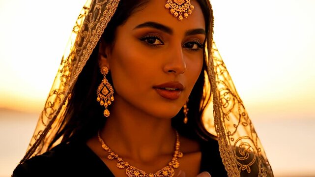 A woman in traditional attire, with gold jewelry and a head covering, gazes at the viewer, bathed in the soft glow of sunset