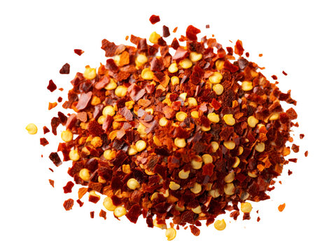 Vibrant red chili flakes, a fiery spice for culinary creations, beautifully isolated on a clean white background, perfect for adding heat to any dish - Powered by Adobe