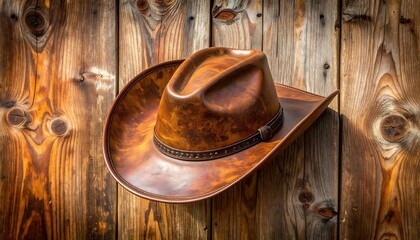 Close-up of a brown leather hat resting against a wooden surface