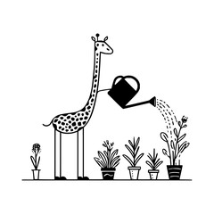 Giraffe watering plants vector illustration black and white gardening animal drawing cute simple line art design minimal 100