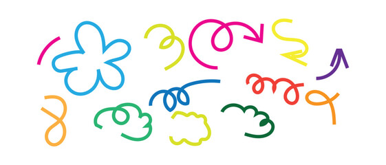 Colorful Hand Drawn Arrow and Scribble Doodle Line Set on White Background