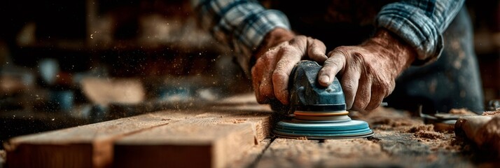 Carpenter sanding wood plank with orbital sander