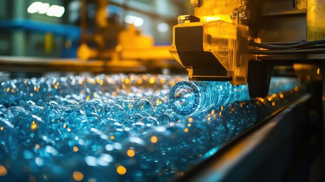 Automated production line creating new plastic bottles in a factory setting - Powered by Adobe