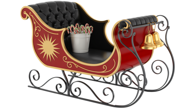 Whimsical sleigh holding candy canes and golden Christmas bells