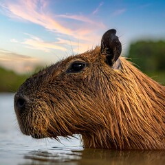 Close-up of a capybara immersed in water, with a sunset sky