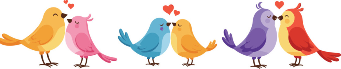 Colorful romantic love birds kissing illustration, cute cartoon couples with hearts, valentine affection, happiness, adorable relationship and wildlife concept art