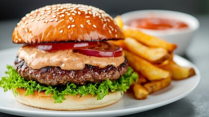 Delicious burger with french fries and ketchup served on a white plate