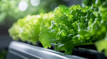 Green lettuce growing in innovative vertical farm with hydroponic system