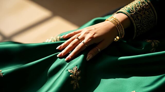 Hand adorned with rings and bangles, draped on emerald green fabric. The hand rests on the textured, luxurious material