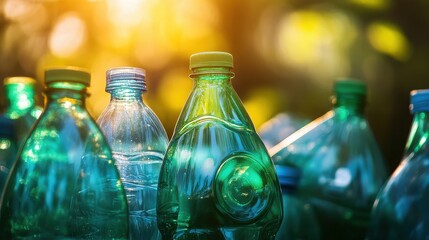 Group of colorful plastic bottles reflecting sunlight in a recycling concept