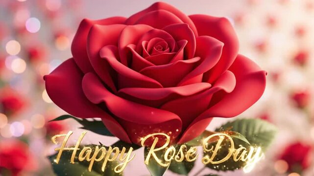 A Vivid Rose of Celebration: A gorgeous red rose takes center stage, its velvety petals unfurling in a display of beauty, as a message of Happy Rose Day graces the scene.
