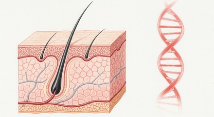 Detailed cross-section of human skin layers alongside a dna double helix structure illustration