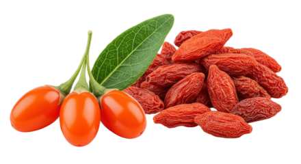 Heap Of Dried Goji Berries With Three Fresh Berries And A Green Leaf On A Transparent Background