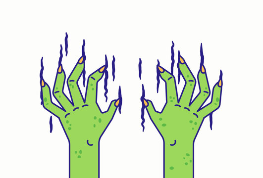 Spooky cartoon vector illustration featuring two green zombie hands with long sharp nails and dripping slime. perfect for halloween posters, party invitations, horror decorations, and creepy graphic