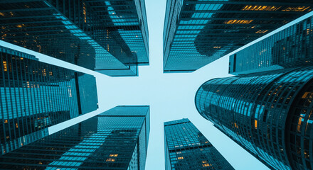 Extreme Low Angle View of Blue Glass Corporate Skyscrapers