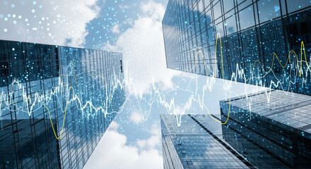 Low Angle View of Modern Glass Towers and Data Waveform Visualization