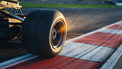 Naklejka premium A close-up shot captures the intense action of a race car's tire spinning on a track, with sparks flying as it navigates the asphalt, showcasing speed and precision in motorsports