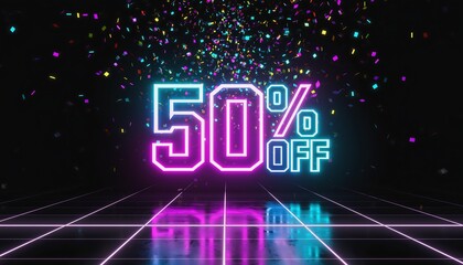 Neon 50% OFF sign glowing with colorful confetti on a dark futuristic grid floor
