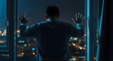 Man Looking Out a Window at Night with Hands on Glass