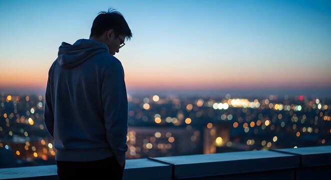 Young Man Contemplating City View at Sunset from Rooftop